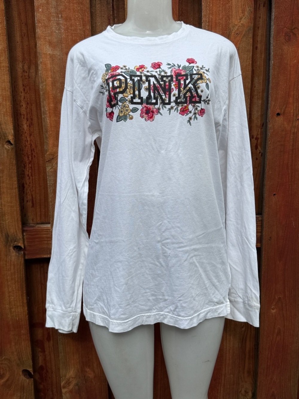 PINK Victoria's Secret White Long Sleeve Tee with Floral Logo Size S